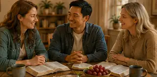 Adults gathered around Scripture in warm conversation